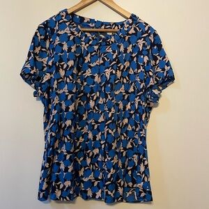 BODEN Carey Blue Black Tan Floral Silk Blend Short Sleeve Boho Top Size 16